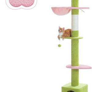 PAWZ Road Flower Cat Tree Floor to Ceiling with Height Adjustable 216cm to 273cm, Cat Tower with Spacious Activity Space, Hammock and Cat Condo, Anti-Fall Belt, 5 Tiers Green and Pink