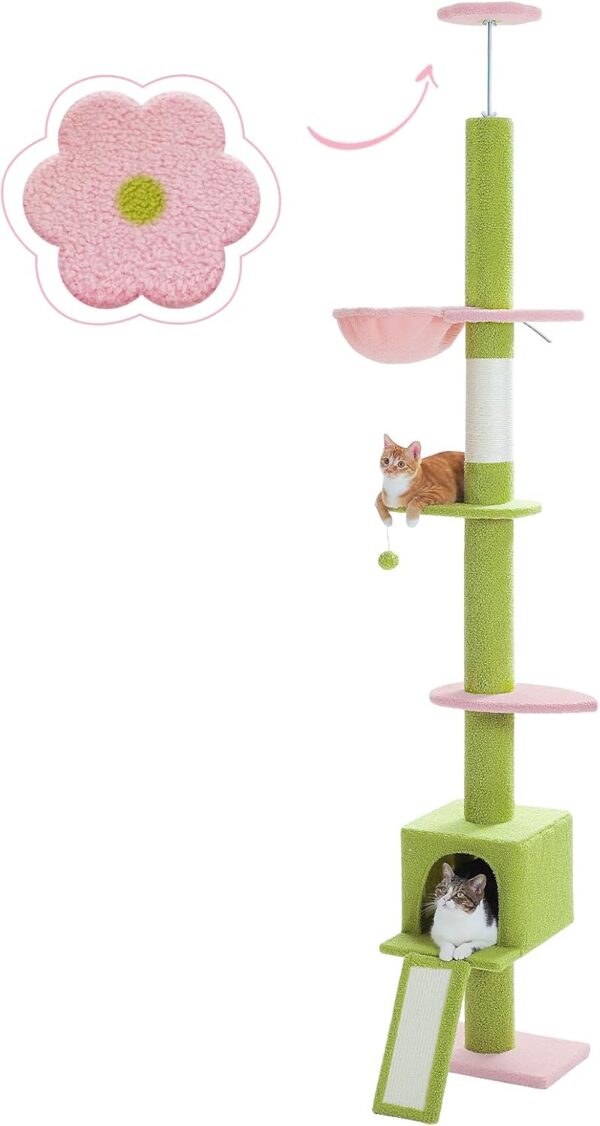 PAWZ Road Flower Cat Tree Floor to Ceiling with Height Adjustable 216cm to 273cm, Cat Tower with Spacious Activity Space, Hammock and Cat Condo, Anti-Fall Belt, 5 Tiers Green and Pink