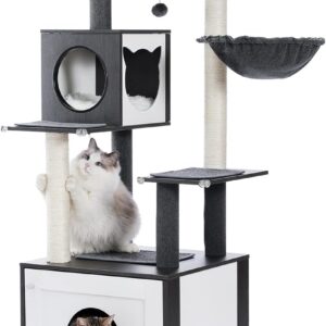 PAWZ Road Modern Cat Tree Wood Cat Tower with Storage Cabinet Litter Box Enclosure and Spacious Cat Condo, Large Top Perch and Hammock, Sisal Covered Scratching Posts for Cats Black