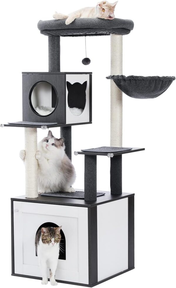 PAWZ Road Modern Cat Tree Wood Cat Tower with Storage Cabinet Litter Box Enclosure and Spacious Cat Condo, Large Top Perch and Hammock, Sisal Covered Scratching Posts for Cats Black
