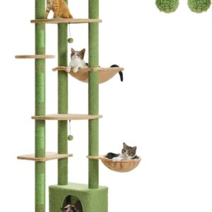 PEQULTI Tall Cat Tree, Floor to Ceiling Cat Tree Tower Adjustable [90.5''~100.4''=230~252CM] with Cat Condo, Cat Hammock and Scratching Post, Cat Climbing Tree for Indoor Large Cats, Green