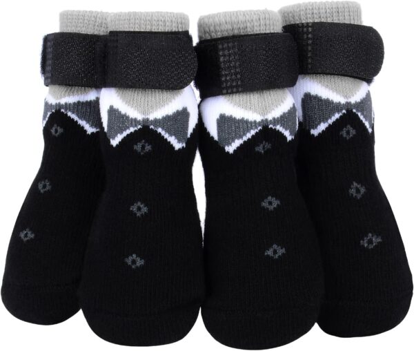 PETLOFT Anti-Slip Dog Socks, 4pcs Indoor Non-Skid Dog Socks with Adjustable Detachable Fastener Strap for Small Medium Dogs Cats Puppies Older Pets (Black Paw, XS)