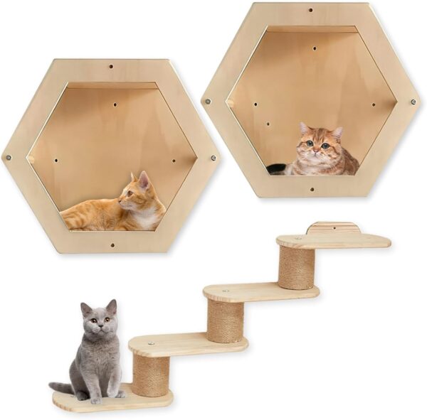 PINVNBY Cat Wall Shelves, Cat Shelves and Perches for Wall, Hexagon Nest Perches and 4 Cat Steps Set, Cat Wall Furniture for Playing Lounging Climbing