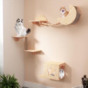 PUPETPO Cat Wall Shelves 5PCS Set for DIY Solid Wood Cat Star Houses & Condos Cat Perches Cat Scratching Post Cat Bridge for Kitty & Kitten Modern Cat Tree