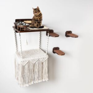 PURRFECT INNOVATIONS Cat Wall Shelves with 3 Steps and Hammock - Exquisite Wall Mounted Cat Furniture - Unique Double Hammock Design - Dog Proof Feeding Station - Indoor Cat Climbing Shelf and Perches