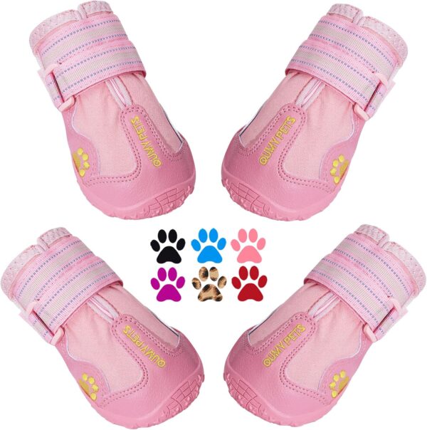 QUMY Dog Boots Waterproof Shoes for Dogs with Reflective Strape Rugged Anti-Slip Sole Black 4PCS (size 7: 3.1"x2.7"(L*W), Pink)