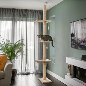 Runesol Floor to Ceiling Cat Tree, 245-288cm Multi Level Climbing Tower Adjustable Height, Beige Cat Scratching Post with Large Platforms and Wall bracket, Cat Furniture For Indoor Cats