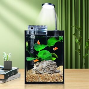 SARUFO 1.2Gallon Fish Tank Kit Desk Aquarium Set Small Low Iron Glass Beginner Fish Bowl with LED Light and Water Pump for Kids Glass Fish Tank with Accessories Self-Cleaning Filter Copyright Patent