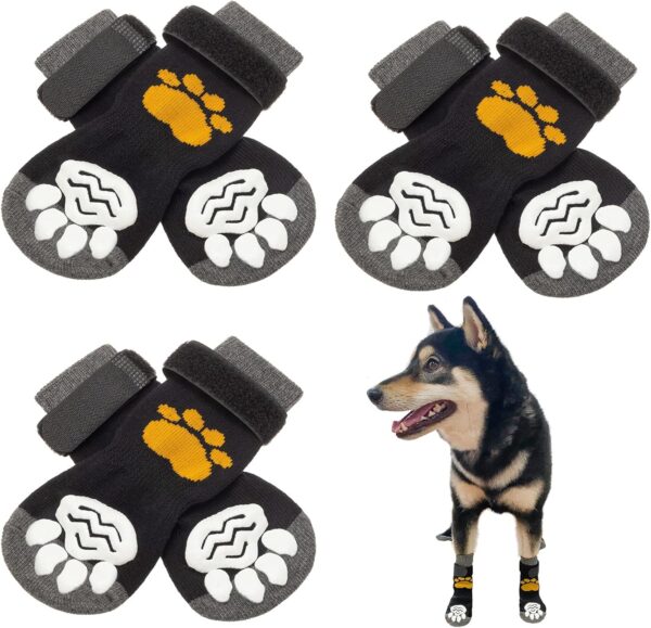 SCIROKKO 3 Pairs Double Anti-Slip Dog Socks Paws Stop Licking - Adjustable Pet Non-Skid Paw Protector with Grips for Puppy Doggy Indoor Traction Control Wear Hardwood Floors Outdoor Shoes