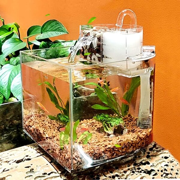 Small Betta Fish Tank Set Aquarium Tank Kit Goldfish Mini Desktop Fish Tank Bowls Kit with Water Pump and Filter Box Self Circulation Ecological Tank Sick Fish Isolation Room Fish Bowl Accessories