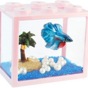 Small Betta Fish Tank, Stackable Mini Aquarium Tank Kit with Aquarium Gravel Pearl Decoration, 3/5 Gallon Fish Bowl Tiny Cube Tank for Seaweed Balls Sea Monkeys,Pink