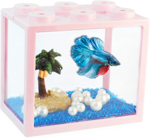 Small Betta Fish Tank, Stackable Mini Aquarium Tank Kit with Aquarium Gravel Pearl Decoration, 3/5 Gallon Fish Bowl Tiny Cube Tank for Seaweed Balls Sea Monkeys,Pink