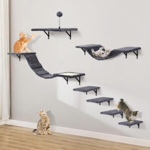 Sobly Wall-Mounted Cat Climber Set with Climbing Shelves, Perches, Bridge,Hammock,Scratching Board & Ball - 7 Pcs Wood Indoor Cat Furniture for Kittens Play (Dark Grey)