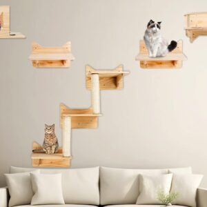 Solid Wood Cat Wall Furniture, Cat Shelves and Perches for Wall, Cat Climbing Shelf Playground Set, Cat Scratching Post with 3 Steps Wall Shelf for Indoor, Cat Condos House Gift for Cat