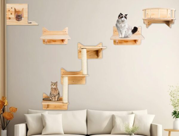 Solid Wood Cat Wall Furniture, Cat Shelves and Perches for Wall, Cat Climbing Shelf Playground Set, Cat Scratching Post with 3 Steps Wall Shelf for Indoor, Cat Condos House Gift for Cat