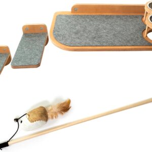 Stellken Wall Mounted Cat Feeder and Steps - Brown Wood Cat Shelf and 2 Steps - Complete with a Cat Interactive Wood Rod with Attached Toy