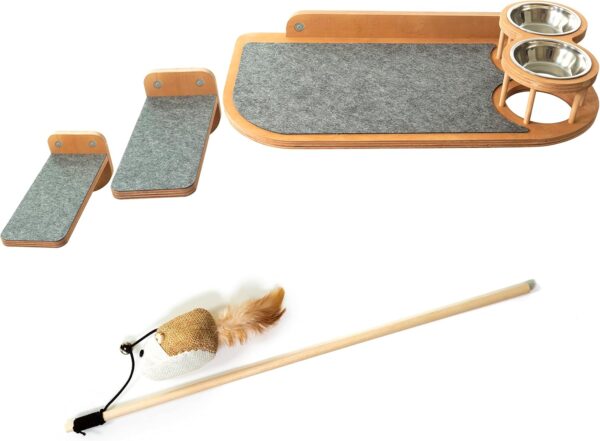 Stellken Wall Mounted Cat Feeder and Steps - Brown Wood Cat Shelf and 2 Steps - Complete with a Cat Interactive Wood Rod with Attached Toy