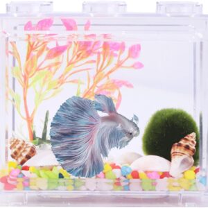 Tomotato Small Betta Fish Tank, Plastic Mini Fish Box Transparent Cutout Design, Acrylic Explosionproof Portable Miniature Fish Tank Aquarium(B)