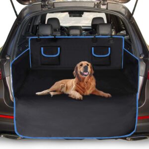 UNIQU Car Boot Cover for Dogs | Waterproof, Nonslip Pet Car Boot Liner Protector | Universal Car Trunk Dog Blanket with Side Protection and Bumper Protection for Car, Truck, SUV (Black - Blue Edge)