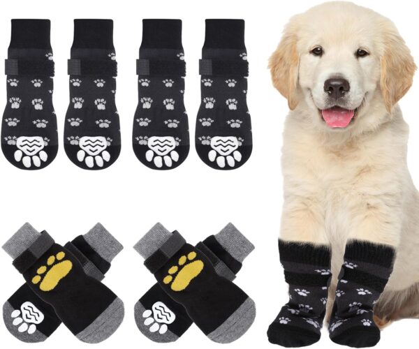 Vyuwast 8 Pcs Dog Socks Paws Stop Licking Anti-Slip Dog Paw Protectors with Adjustable Straps Dog Cat Socks with Grips for Small Medium Large Dogs Puppy Indoor Outdoor Hardwood Floor Walking(M)