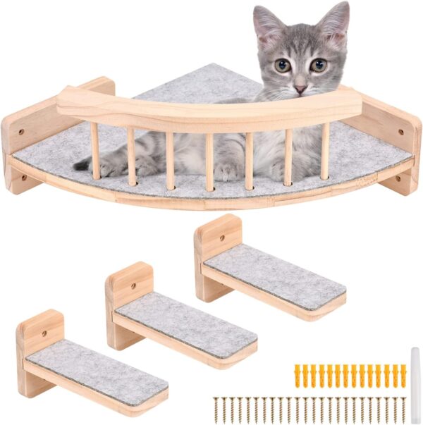 Wall Mounted Cat Hammock Cat Wall Shelves with 3 Steps, Cat Wall Shelf and Steps with Plush Covered,Solid Wood Cat Wall Furniture Cat Climbing Shelf for Climbing Sleeping Playing