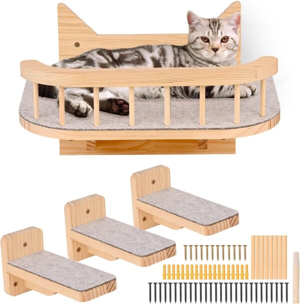 Wall Mounted Cat Hammock Cat Wall Shelves with 3 Steps,Cat Shelves and Perches for Wall, Cat Wall Furniture with Plush Covered,Cat Climbing Shelf, Cat Scratching Post for Climbing Sleeping Playing