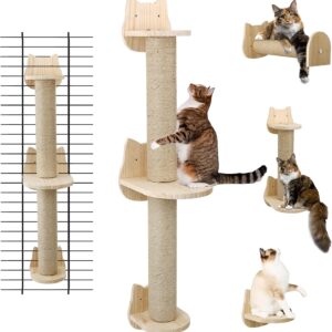 Wall Mounted Cat Scratching Post - Sisal Cat Scratcher Solid Wood Cat Wall Shelves Steps Cat Furniture for Indoor Large Cats Kittens, 38 Inch Tall Cat Ladder Post Tree in Mutil- Assembly Ways