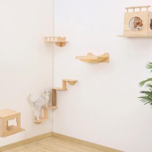 Wall Mounted Cat Shelves Wood Cat Wall Furniture Set for Indoor Cats Climbing Playground with 2 Cat Wall House& Cat Hammock & 4-Levels Ladder & 1 Cat Scratching Post