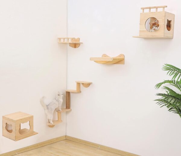 Wall Mounted Cat Shelves Wood Cat Wall Furniture Set for Indoor Cats Climbing Playground with 2 Cat Wall House& Cat Hammock & 4-Levels Ladder & 1 Cat Scratching Post