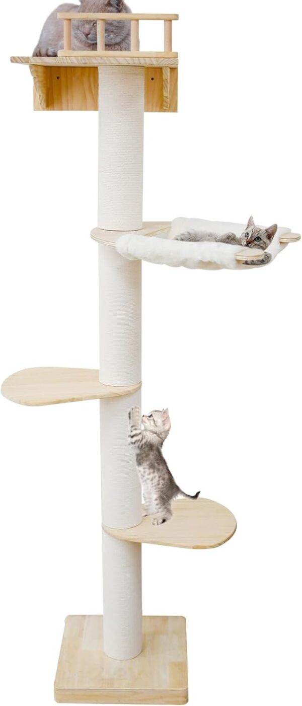 Wall Mounted Cat Tree Tall Cat Scratching Post, Wood Cat Wall Furniture with Cat Hammock, 74" Tall Cat Tower Wall Shelves for Indoor Large Kitten