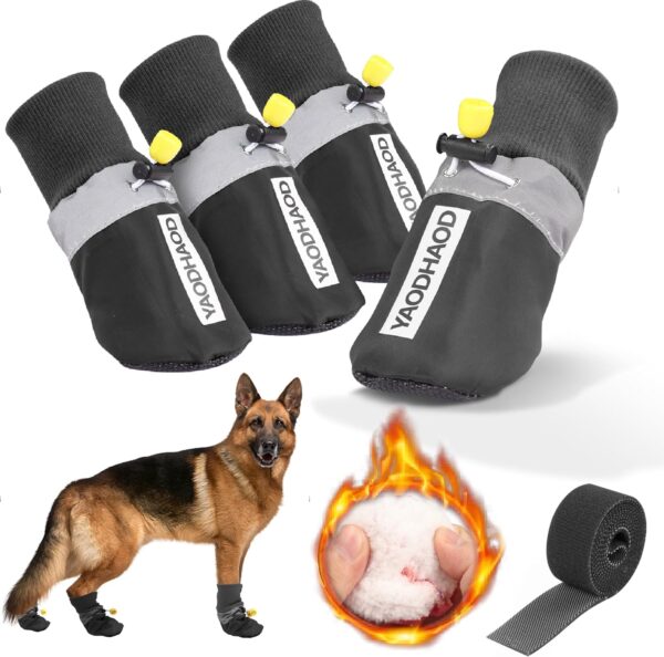 YAODHAOD Dog Snow Boots Breathable Socks，Dog Shoes Fleece Snow Booties for Medium to Large Dogs，with Reflective Straps Anti-Slip Sole，Dog Boots & Paw Protectors for Indoor (S, black)