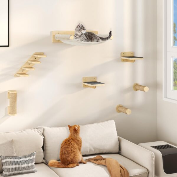 YITAHOME 7PCS Wall Mounted Cat Climbing Shelves, Wooden Cat Wall Furniture, Cat Climbing Tree, Wooden Cat Scratcher with 3 Sisal-Covered Columns/4 Step Cat Stairway with Scratching Post/Hammock