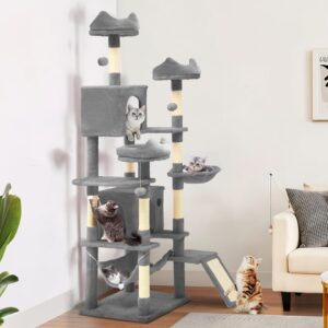 YITAHOME Tall Cat Tree for Indoor Cats, 190CM Multi-Level Cat Tower with Sisal Scratching Posts & Ramp, Plush Perches, Hammock, Spacious Condos, Cat Activity Center for Kittens, Grey