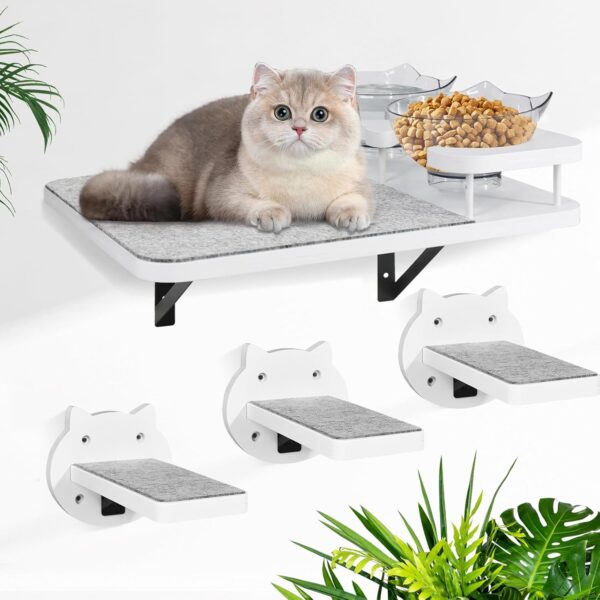 Y&ME YM Cat Wall Shelves, Cat Shelves and Perches for Wall, Cat Shelves Wall Mount, Cat Wall Furniture with 3 Cat Wall Steps, Cat Climbing Shelf Cat Scratch Post, Cat Wall Shelf with 2 Cat Food Shelf