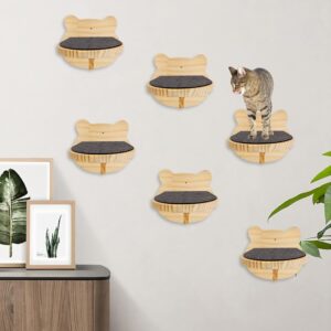 kathson 6 Pcs Cat Wall Mounted Shelves Cat Wall Steps Shelves Wood Cat Climbing Shelves Cat Stairs with Non Slip Felt Cat Ladder Cat Wall Bed Cat Perch for Springboard Playing（Bear Shape）