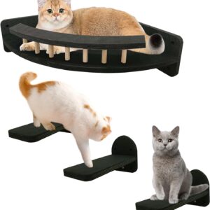 kathson Cat Wall Bed, Cat Wall Shelves with 3 Steps Corner Cat Climbing Shelf Perches Set Furniture Plush Covered Cat Hammock Modern Cat Scratching Post for Indoor (Black)