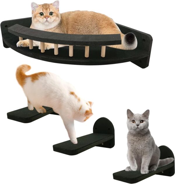 kathson Cat Wall Bed, Cat Wall Shelves with 3 Steps Corner Cat Climbing Shelf Perches Set Furniture Plush Covered Cat Hammock Modern Cat Scratching Post for Indoor (Black)