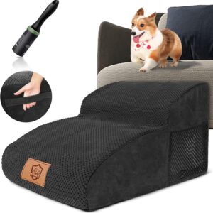 HEVOL Dog Steps, Extended High Density Foam Dog Ramp Dog Stairs with Washable Cover, Non-Slip Pet Steps Pet Stairs for Injured and Elder Dogs - Send 1 Lint Roller, Black