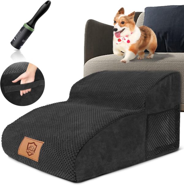 HEVOL Dog Steps, Extended High Density Foam Dog Ramp Dog Stairs with Washable Cover, Non-Slip Pet Steps Pet Stairs for Injured and Elder Dogs - Send 1 Lint Roller, Black