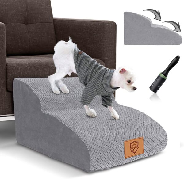 Myiosus Dog Steps for Bed, 2-Steps Dog Ramp for Sofa with Removable Waterproof Cover, High Density Foam Non-Slip Pet Stairs for Small Dogs and Cats, Grey, 55 x 40 x 30cm