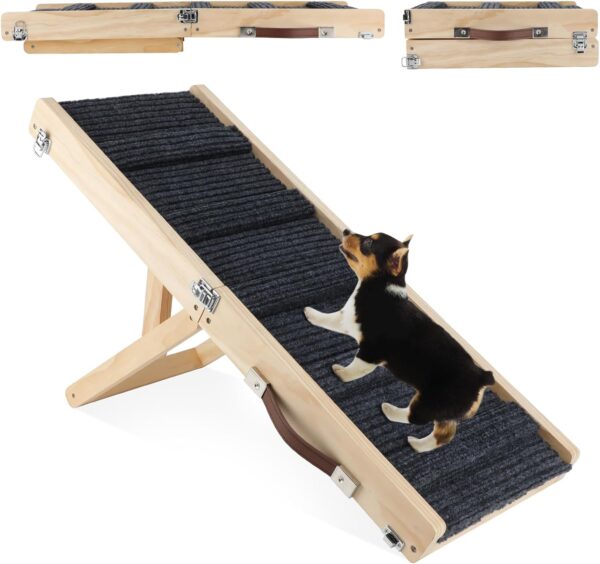 Sbayool Dog Ramp for Small Dogs and Older, Cat and Dog Steps 4 Height Adjustable 25CM 33CM 40CM 48CM with Non-Slip Foot Mat, Wooden Pet Ramp Foldable for Bed Or Sofa