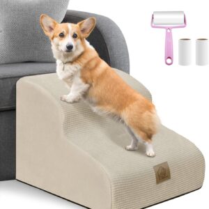 Dog Ramp Stairs 2 Steps for Small Dogs and Cats Beige, Pet Dog Ladder for Sofa Bed, Dogs Cats Ladder Non-Slip Foam with Removable and Washable Plush Cover, Send Lint Roller Set