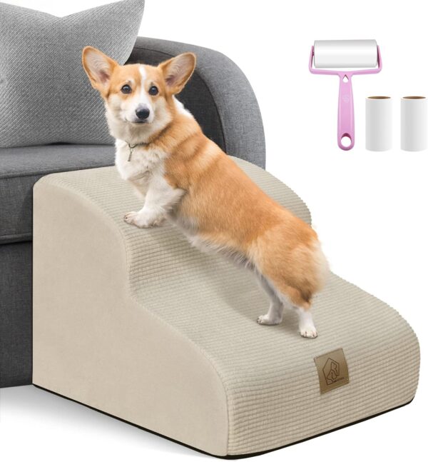 Dog Ramp Stairs 2 Steps for Small Dogs and Cats Beige, Pet Dog Ladder for Sofa Bed, Dogs Cats Ladder Non-Slip Foam with Removable and Washable Plush Cover, Send Lint Roller Set