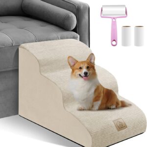 Dog Ramp 3 Steps for Small Dogs and Cats Beige, Pet Stair for Sofa and Bed Non-Slip Foam Dog Steps with Removable Washable Cover, Send Lint Sticky Roller Set