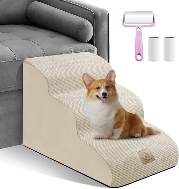 Dog Ramp 3 Steps for Small Dogs and Cats Beige, Pet Stair for Sofa and Bed Non-Slip Foam Dog Steps with Removable Washable Cover, Send Lint Sticky Roller Set