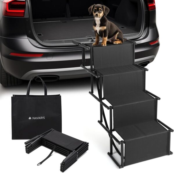 Navaris Dog Car Ramp - Folding Dogs 4 Step Ramp - Give your Dog a Boost With Steps for Car - Stairs Come With Carry Bag