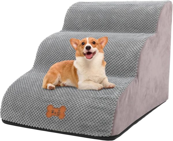 Dog Stairs for Bed and Sofa 3 Steps High Density Non-Slip Foam Pet Steps Portable Pet Ramp Ladder for Small Dogs Cats with Removable and Washable Plush Cover for Older Dogs/Cats with Joint Pain