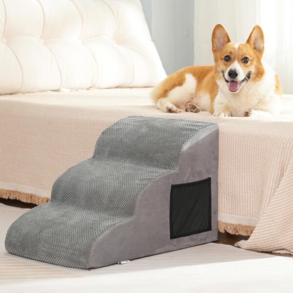 YunNasi Dog Steps Stairs for Bed/Sofa, 3-Step Extended Pet Stairs, Non-Slip Dog Ramp with High Density Foam and Removable Cover, Gentle Slope Stairs for Small Older Injured Pet (3 Steps-Grey)