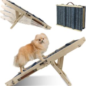 ROBLOCK Folding Pet Dog Ramp for Bed, Non Slip Portable Ramp for Small Dogs, Five Adjustable Heights Wooden Pet Ramp Suitable for Couch, Sofa, Car