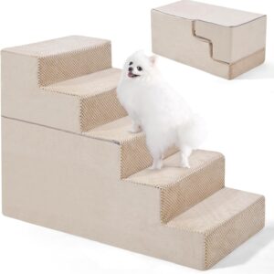 EASYSOAR 5-Step Pet Stairs, 22.5’’ Height Dog Stairs for High Beds, Non-Slip Bottom Dog Steps for Small Dogs and Cats, Indoor Dog Ramp for Bed, Beige